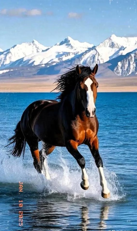 雪山蓝湖与骏马的诗意交响