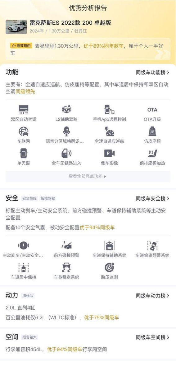 2022款雷克萨斯ES 200卓越版准新车详解 性价比与用车成本分析