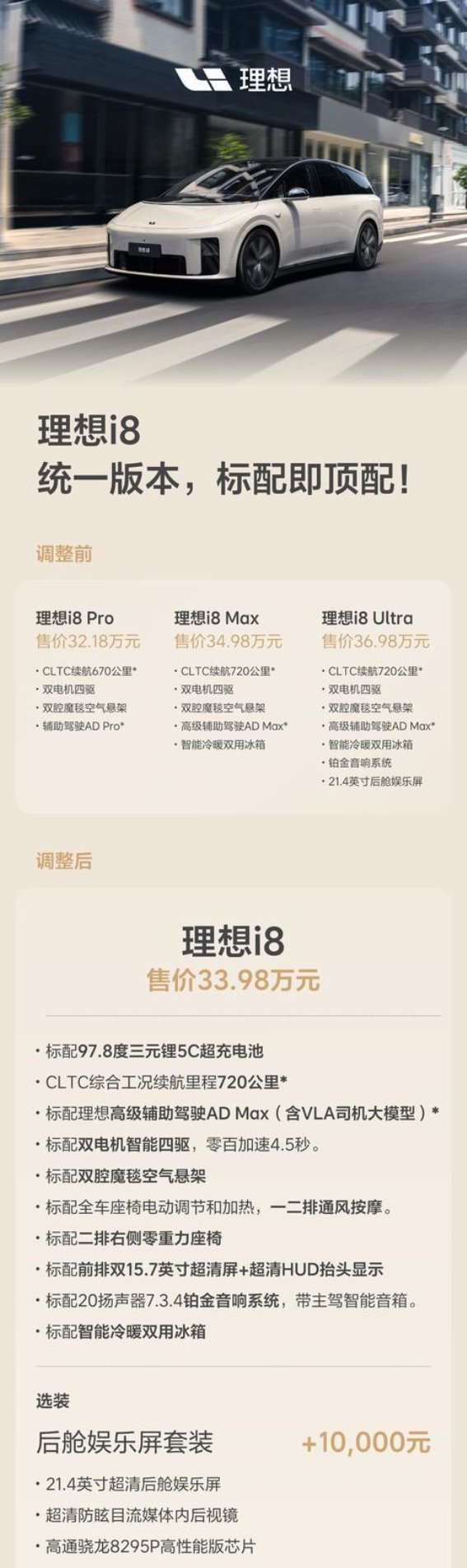 理想i8价格下调及版本调整：Max版为标配，优化配置与个性化选择