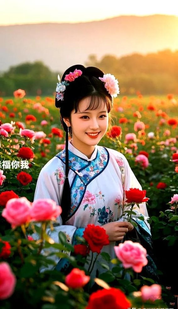 花海中的佳人，玫瑰映霞光